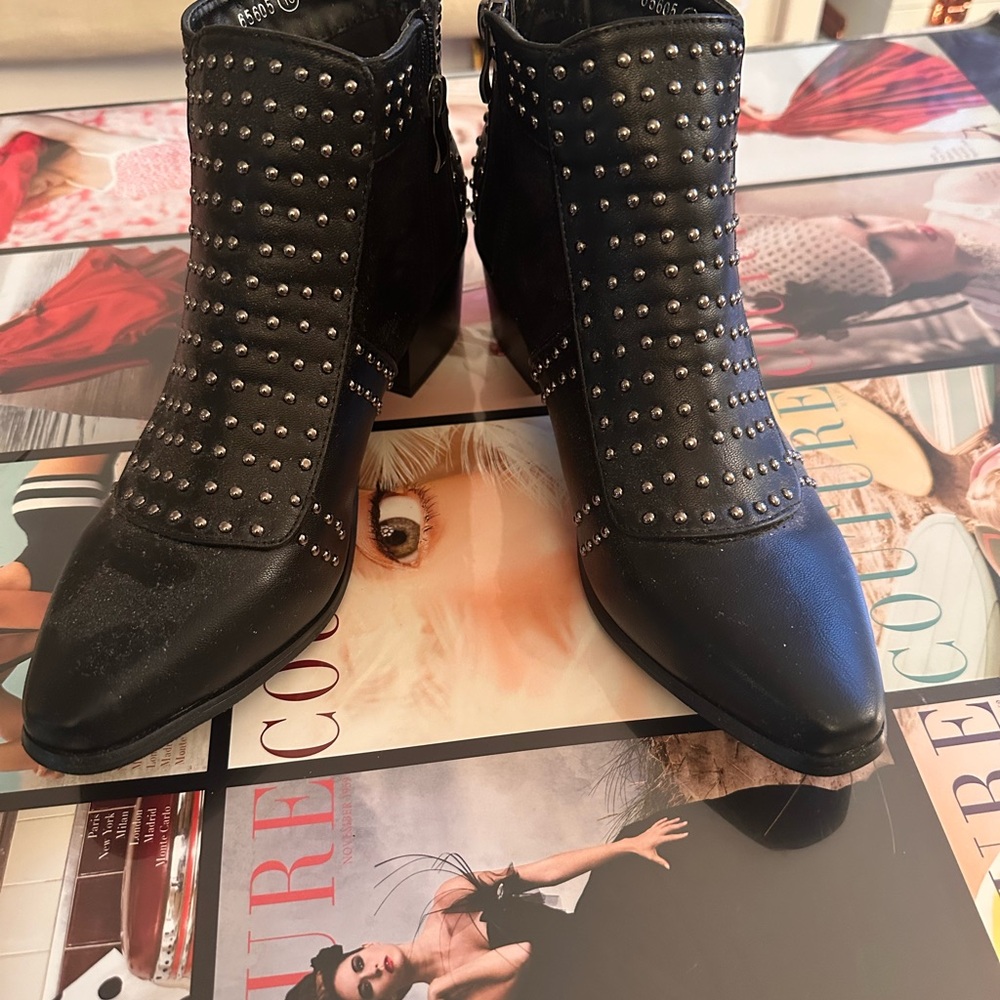 Sleek Black Studded - embellished leather  Booties